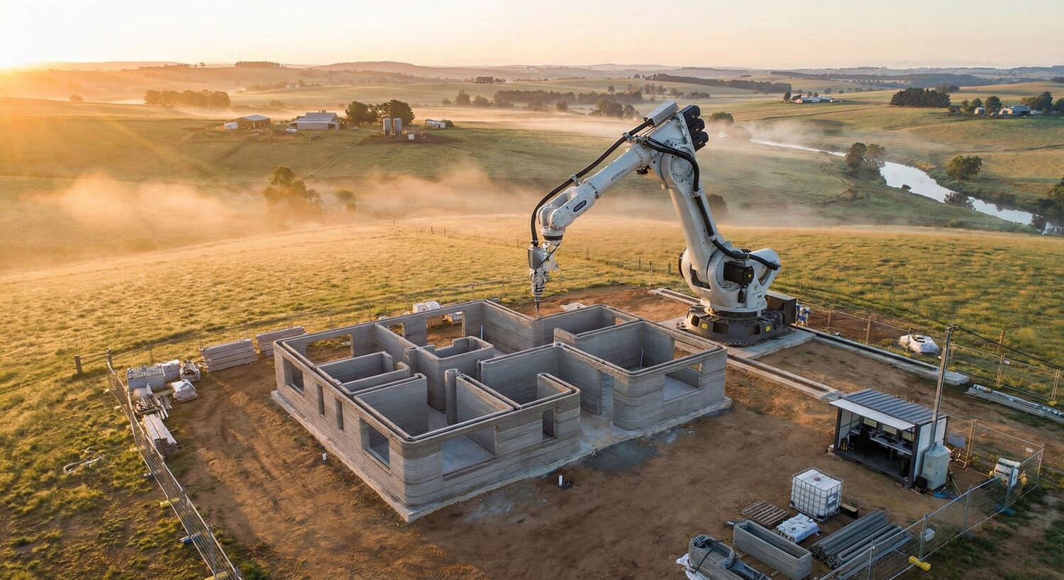 Aerial view of a concrete structure being printed on site